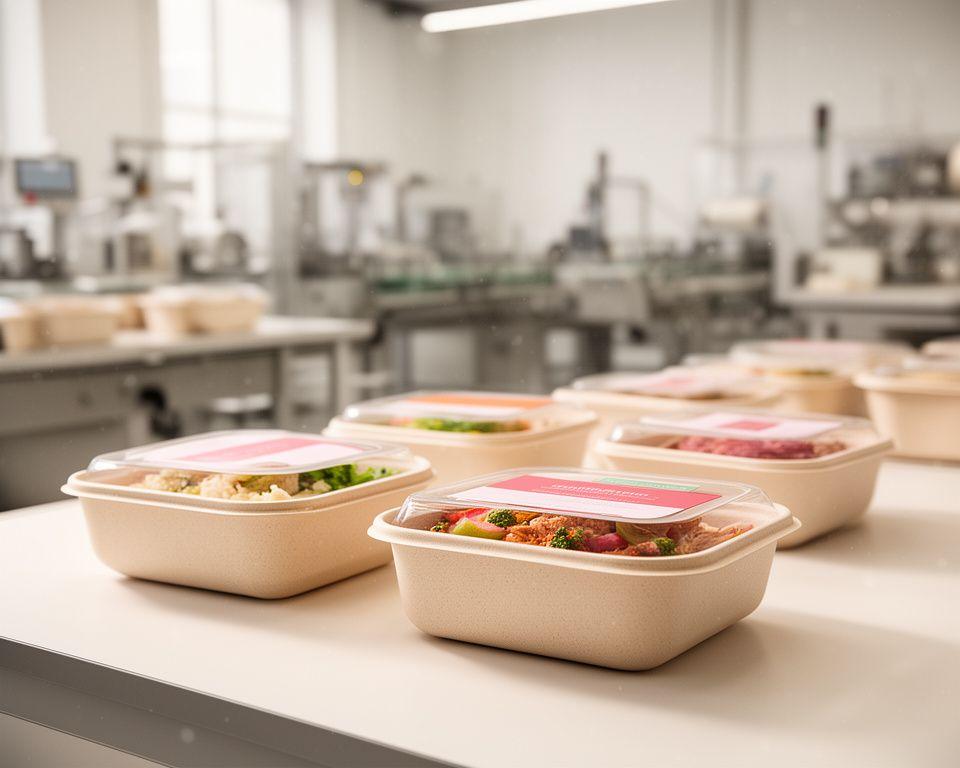 Frische Mahlzeiten in nachhaltigen Food-Containern auf einem hellen Arbeitstisch in einer Schweizer Verpackungsproduktion