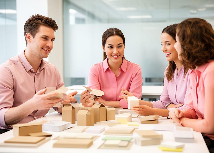 Beratungsteam von Prose Packaging Solutions prüft Verpackungsmuster in einem hellen Besprechungsraum mit nachhaltigen Materialien