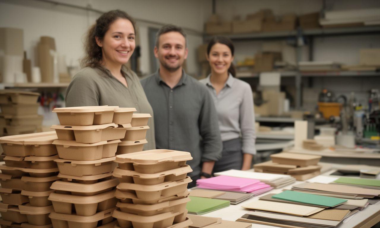 Three founders standing in a packaging workshop beside stacked kraft food containers and material samples