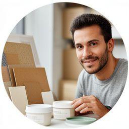 Founder in a packaging studio reviewing container samples beside printed labels