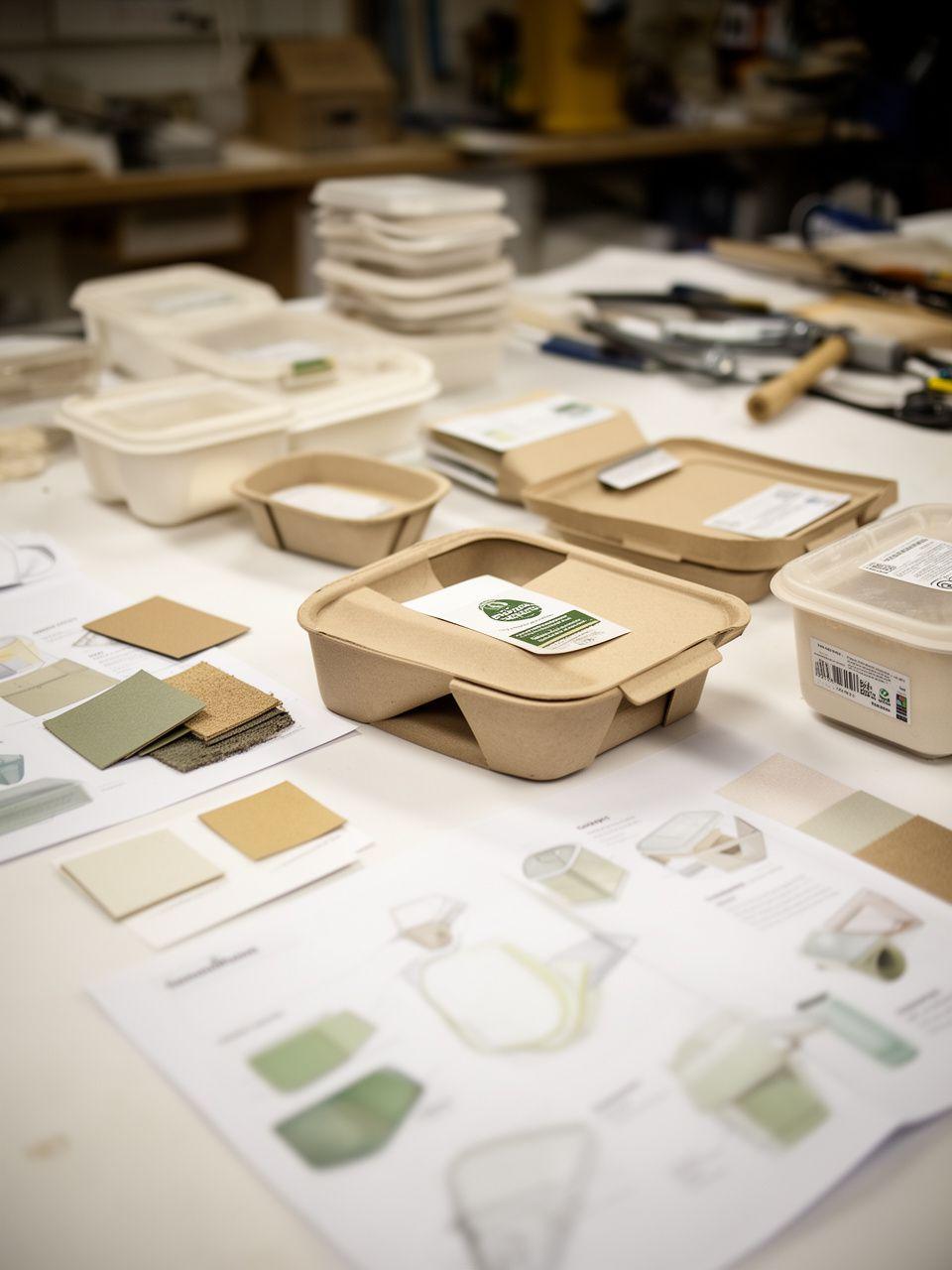 Close view of sustainable food container prototypes, material swatches and printed design proofs on a workshop table