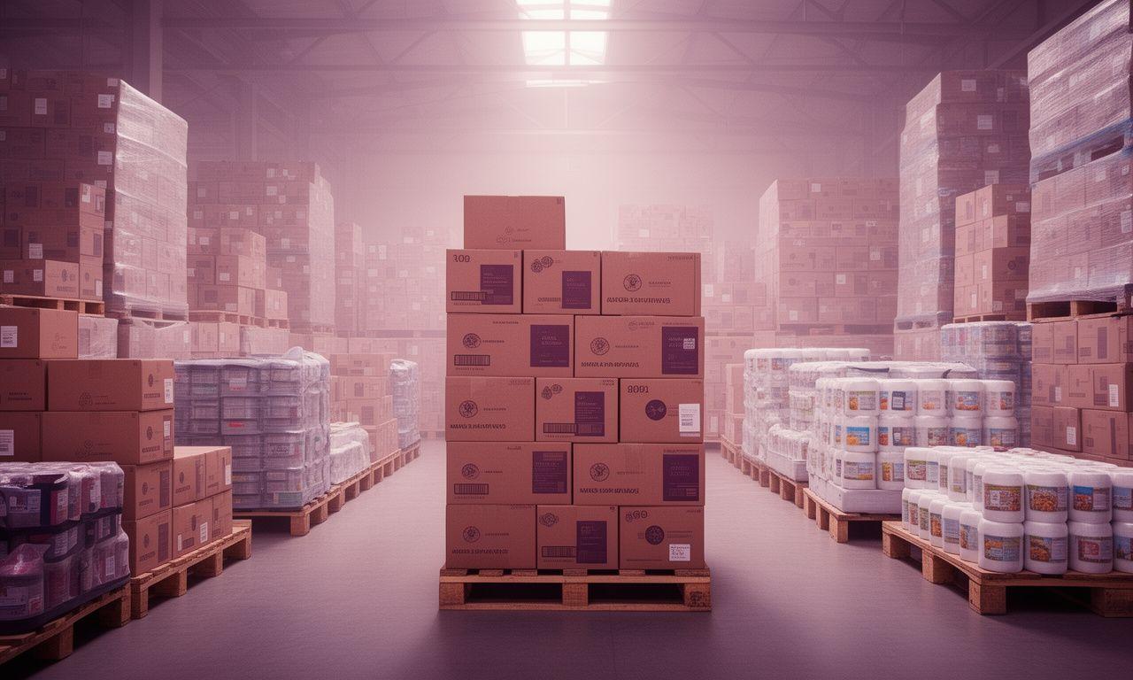 Stapel von Food-Container-Kartons in einem sauberen Logistiklager mit Paletten und Verpackungsrollen