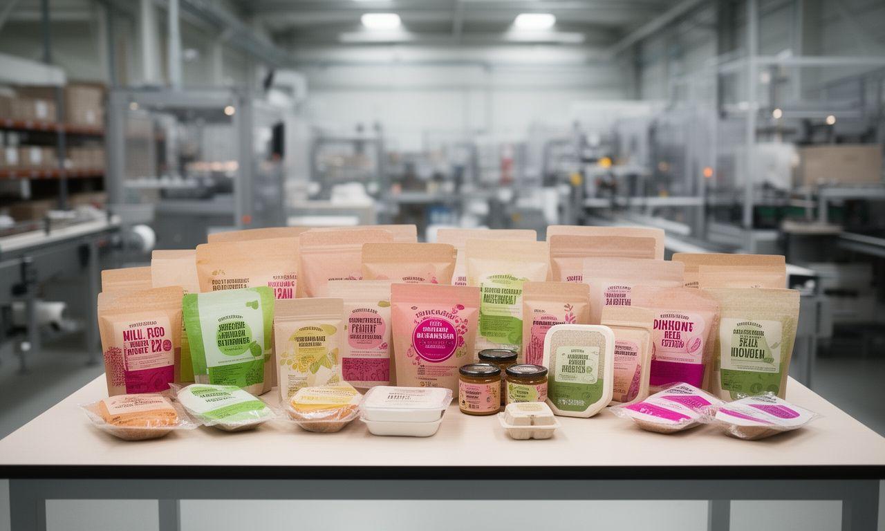 Sortierte nachhaltige Lebensmittelverpackungen auf einem Verpackungstisch in einer modernen Produktionshalle