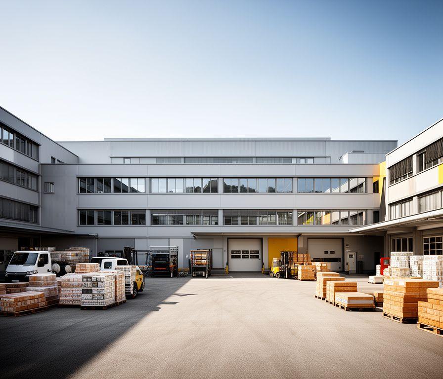 Aussenansicht eines Gewerbegebäudes in Wallisellen mit logistischer Umgebung und nachhaltigen Verpackungslösungen