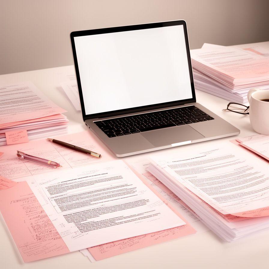 Gedruckte Vertragsunterlagen, Notizen und ein Laptop auf einem modernen Arbeitstisch