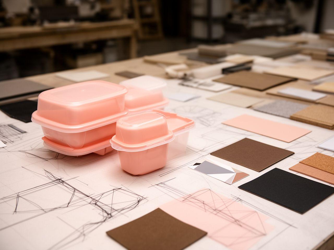 Prototypische Food-Packaging-Container auf einem Werkstatttisch mit Materialmustern und Skizzen
