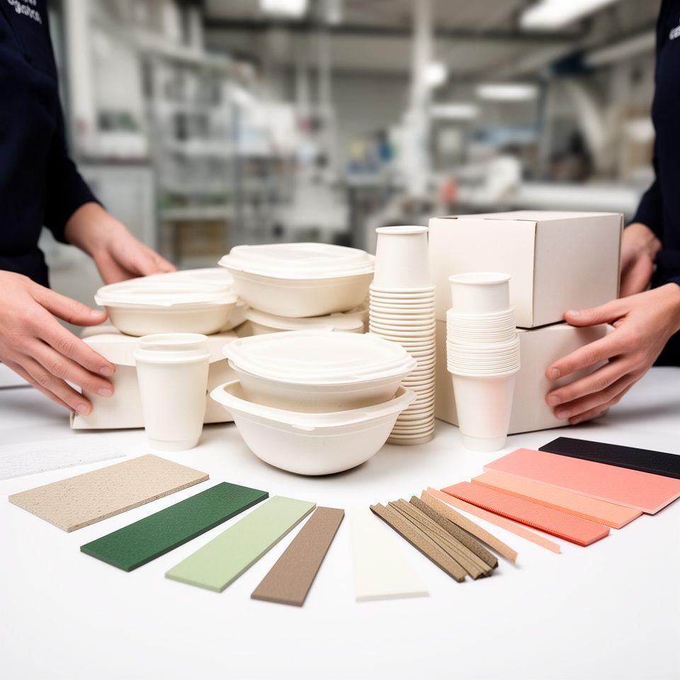 Gastro-Team stapelt kompostierbare Schalen, Becher und Boxen neben farblich sortierten Materialmustern