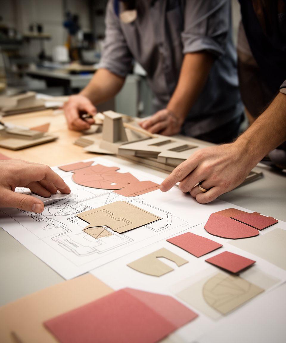Designer und Verpackungstechniker prüfen ein gedrucktes Muster neben Schnittlinien und Materialkarten