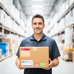 Operations founder holding a shipping mock-up in a bright warehouse corridor
