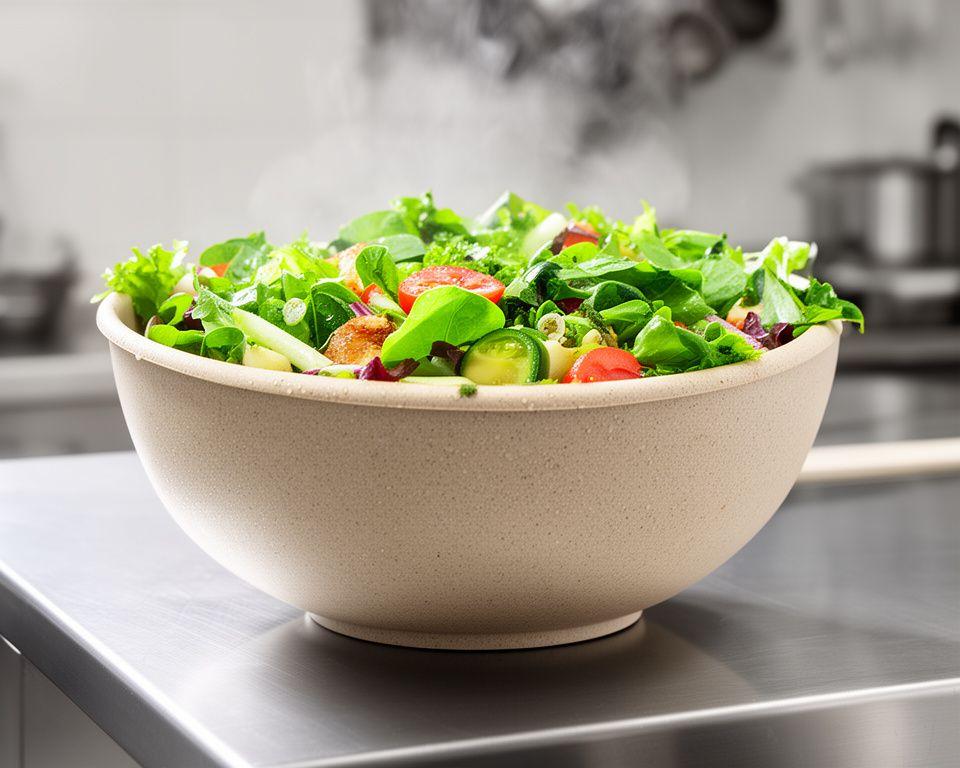 Grosse Salatschale aus nachhaltigem Material mit frischen Zutaten auf einer Edelstahltheke